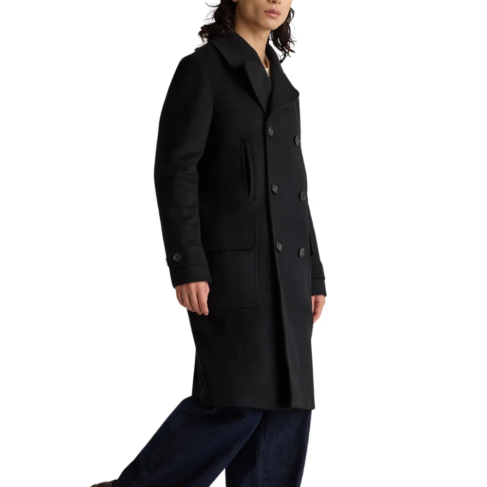 Mens Double Breasted Black Wool Overcoat - Side View