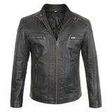 Black leather biker jacket with removable hood for tall men