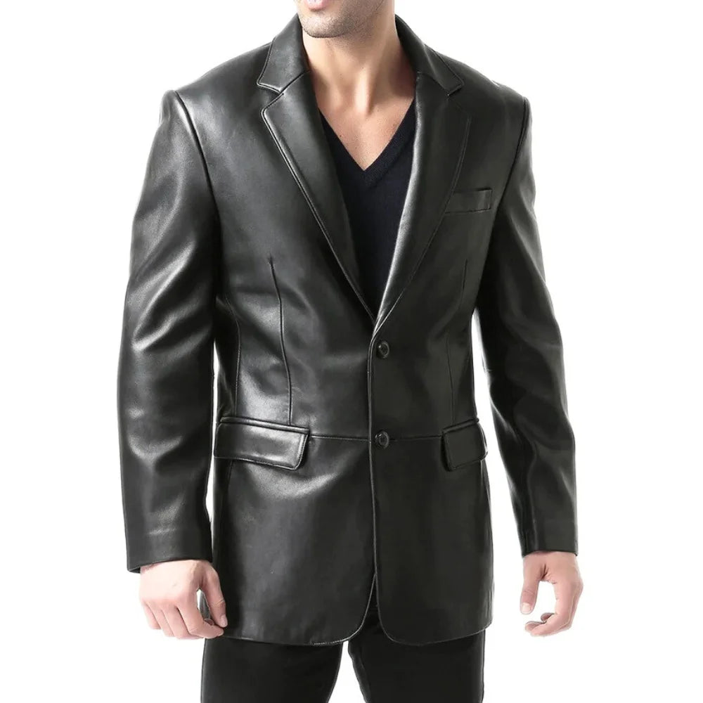 Men's Two Button Real Lambskin Black Leather Blazer