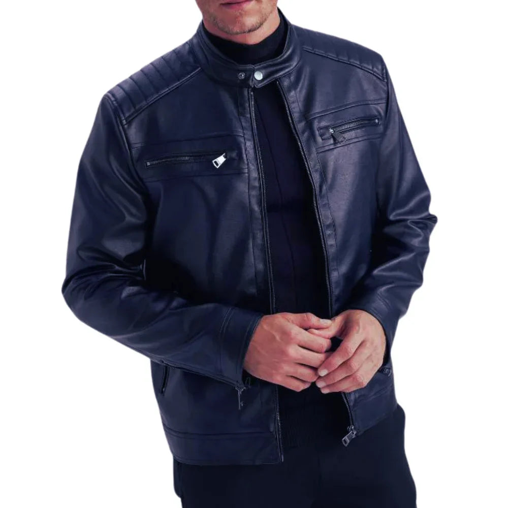 Snap-tab collar on men’s electric blue cafe racer jacket