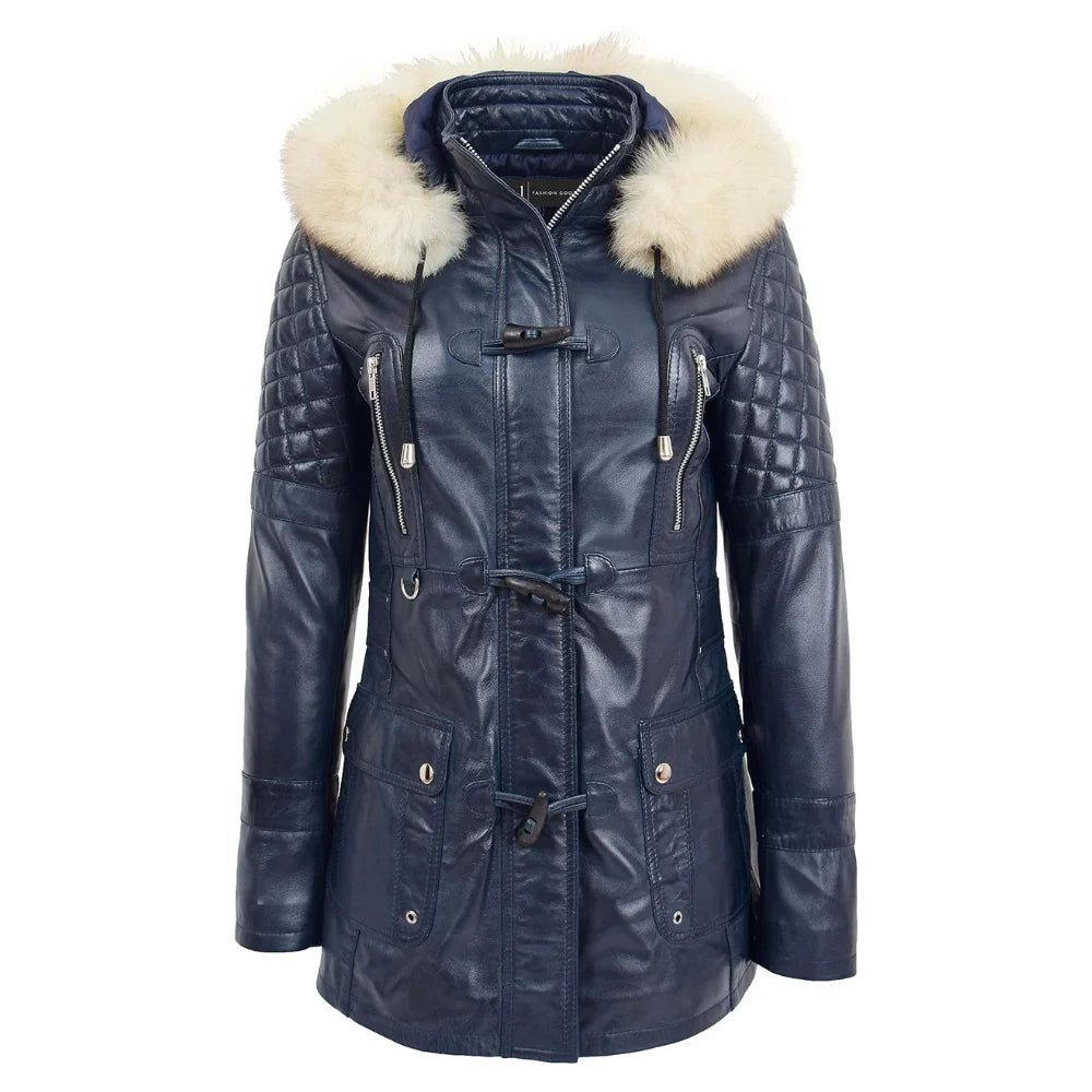 Women’s Blue Sheepskin Leather Duffle Coat with Removable Sherpa Hood