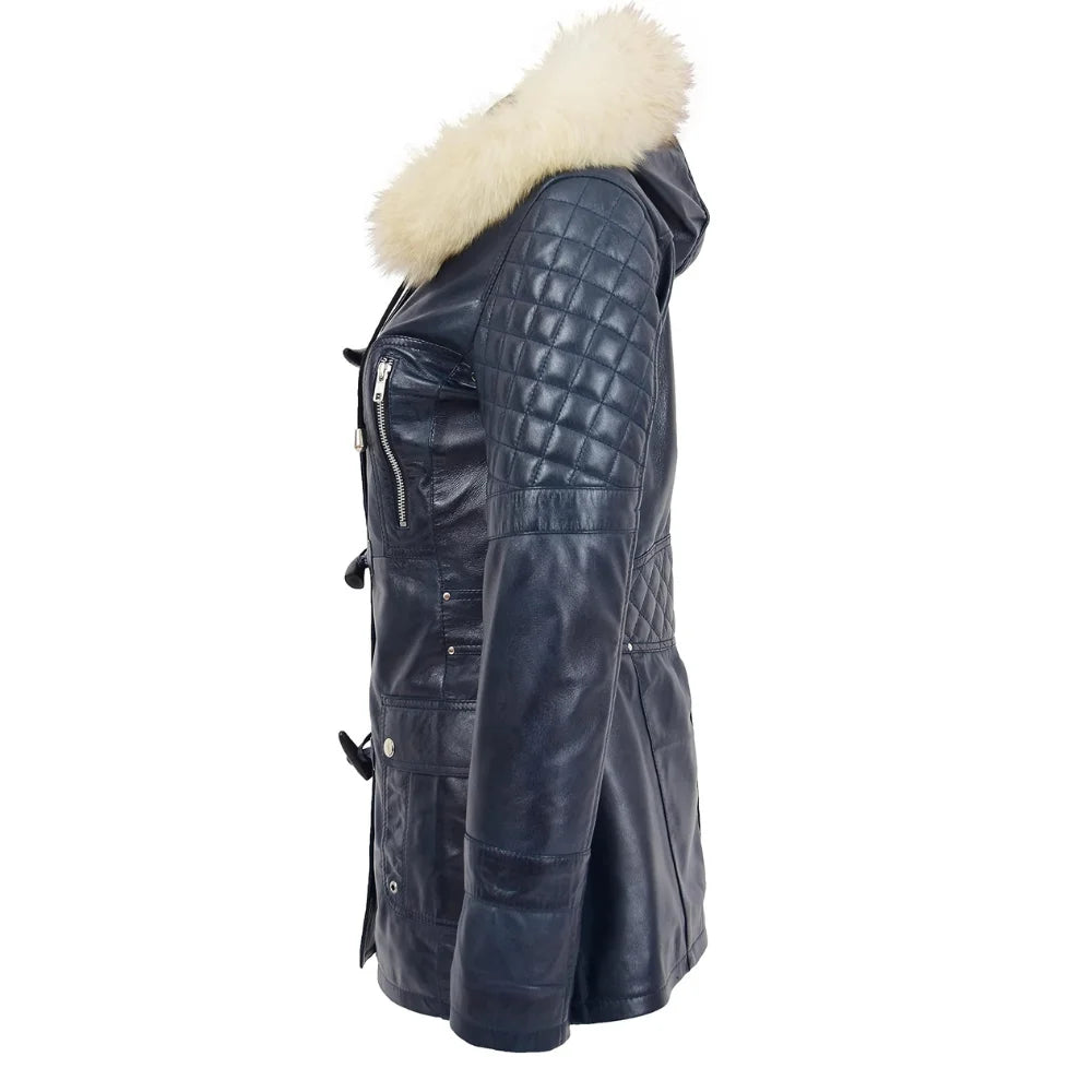 Women’s Blue Sheepskin Leather Duffle Coat with Removable Sherpa Hood