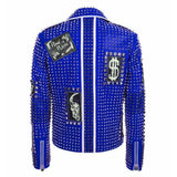Men's Brando Black and Blue Studded Leather Biker Jacket