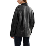 Women's Oversized Black Leather Bomber Jacket - Shirt Collar Style