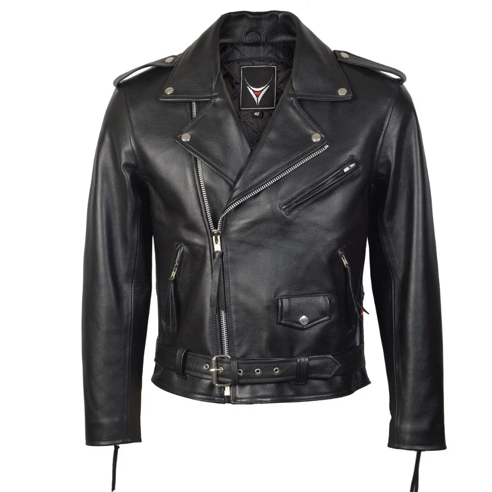 Mens Brando Belted Black Biker Leather Jacket
