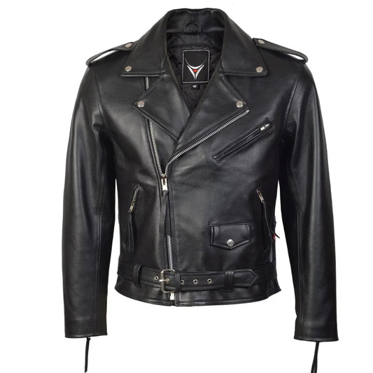 Mens Brando Belted Black Biker Leather Jacket