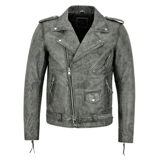 Men's Brando Real Leather Vintage Grey Buff Biker Jacket