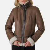 Brown aviator leather jacket for women with buckle collar