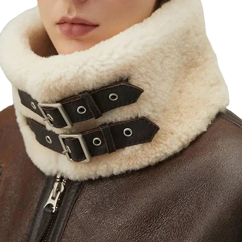 Shearling-lined hood on women’s chocolate brown B3 jacket