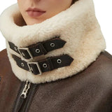 Shearling-lined hood on women’s chocolate brown B3 jacket