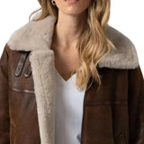 Shearling-trimmed hem on women’s brown B3 jacket