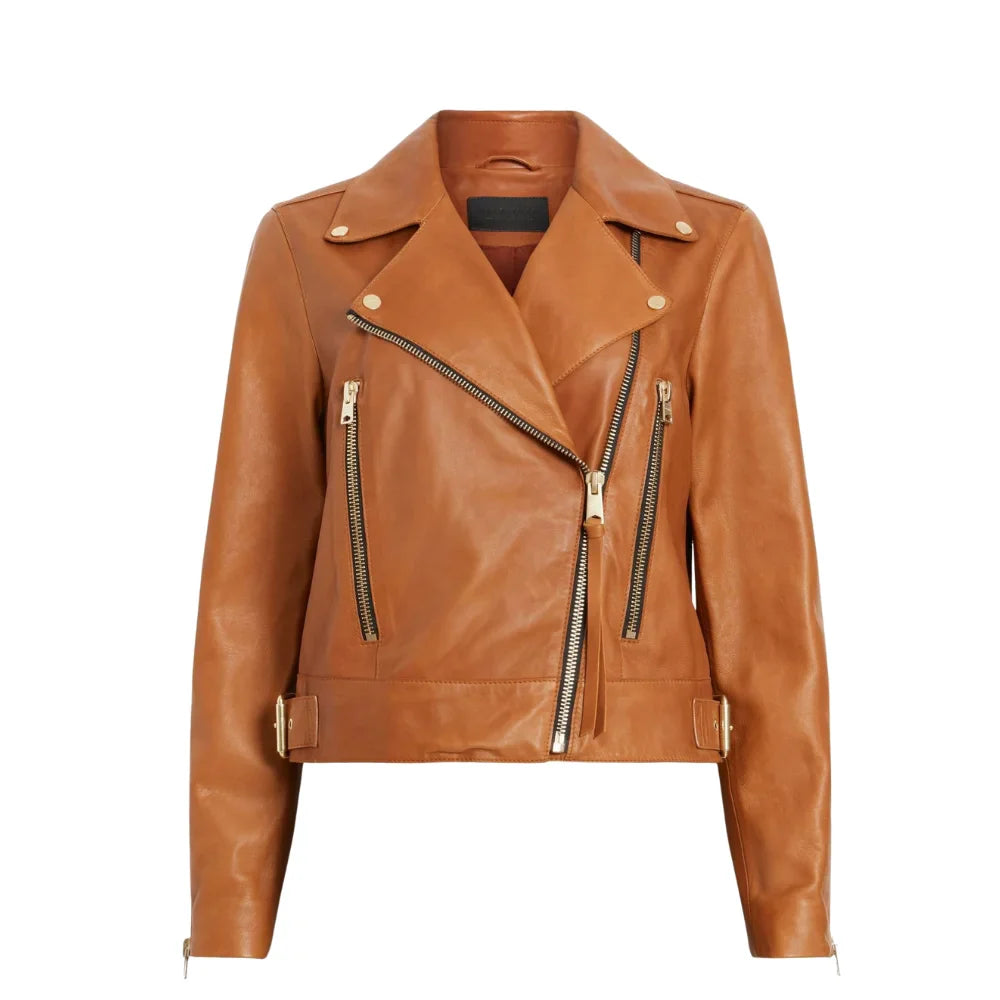 Women’s Tan Real Leather Biker Jacket - Trendy Jacket