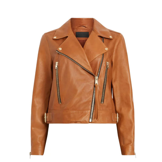 Women’s Tan Real Leather Biker Jacket