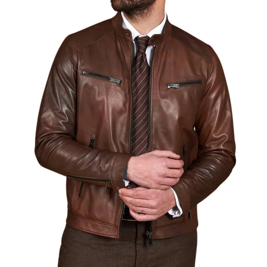 Men’s Real Lambskin Chocolate Brown Biker Leather Jacket