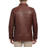 Back view of men’s tall chocolate brown leather car coat