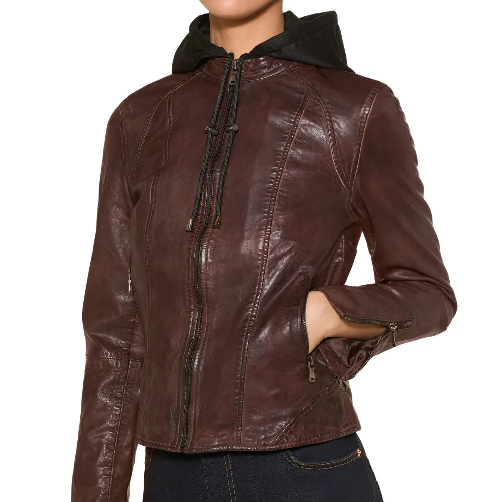 Women’s dark brown leather jacket with removable hood