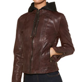 Women’s dark brown leather jacket with removable hood
