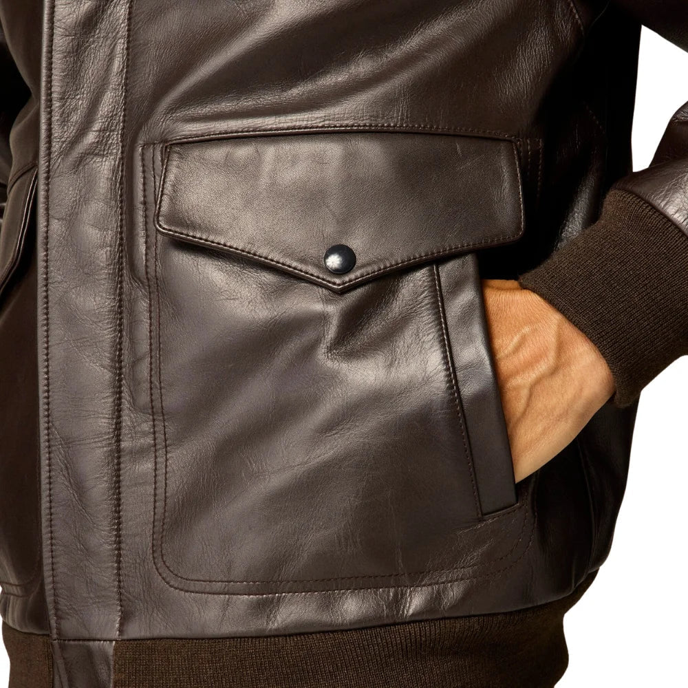 Flap patch pockets on brown Italian leather jacket
