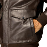 Flap patch pockets on brown Italian leather jacket