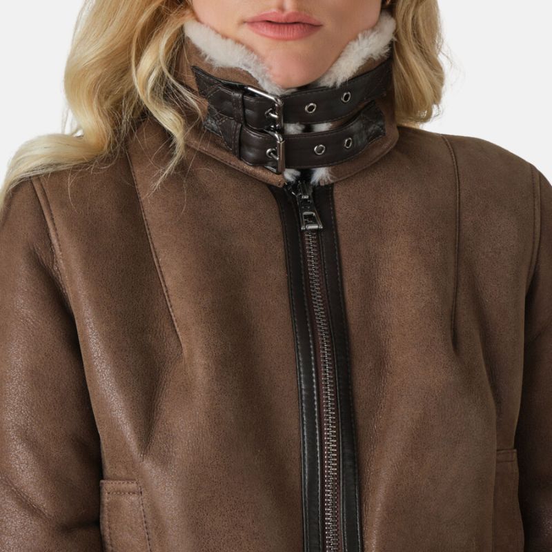 Brown premium leather jacket women with pop-up collar