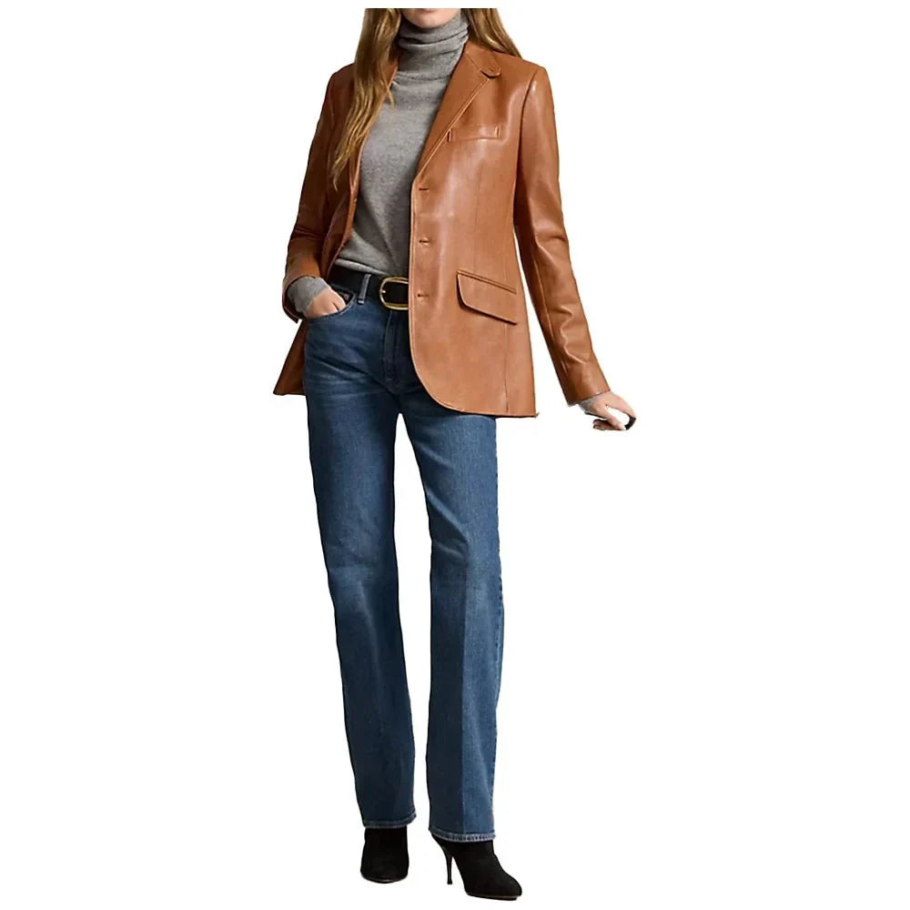 Flap pockets on tall women’s brown leather blazer