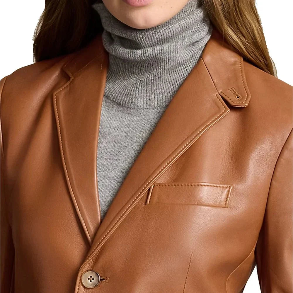 Notch lapel on brown leather blazer for tall women