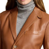 Notch lapel on brown leather blazer for tall women
