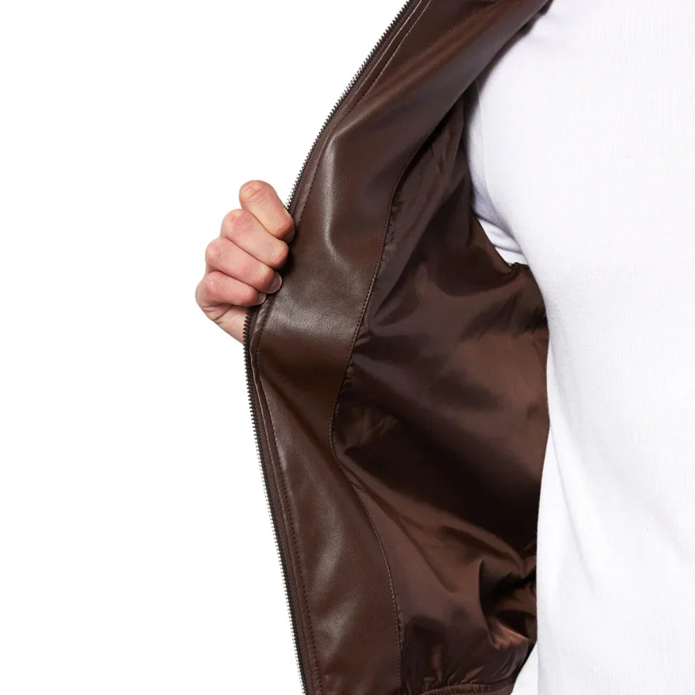 Full front zipper on brown leather bomber jacket for tall men