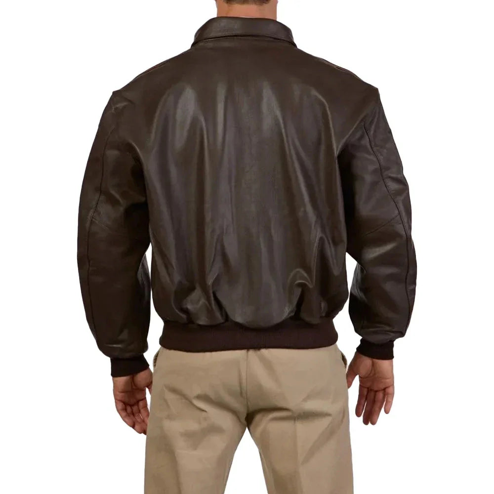 Front zipper on brown leather bomber jacket for tall men