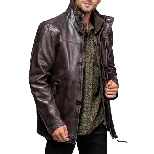 Men’s Dark Brown Lambskin Leather Jacket with Removable Inner Collar