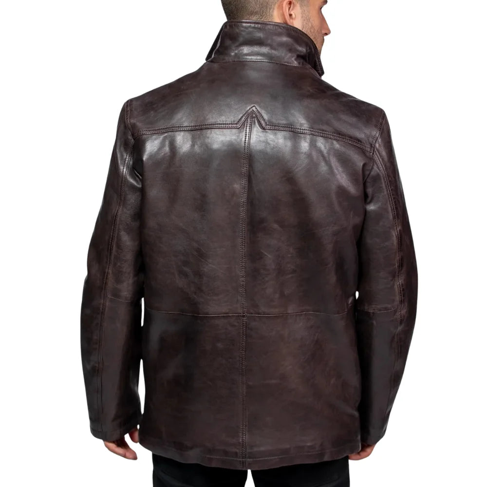 Men’s Dark Brown Lambskin Leather Jacket with Removable Inner Collar