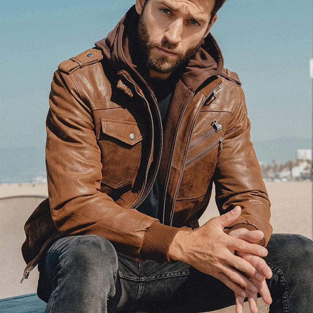 Mens Dark Brown Leather Bomber Jacket With Removable Hood