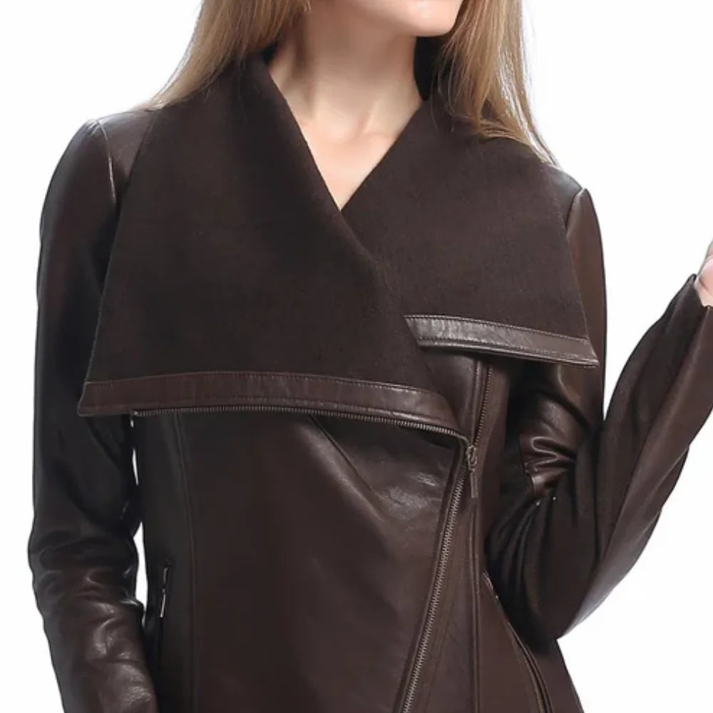 Women’s Asymmetrical Brown Leather Jacket with Wool Blend Overlay - Trendy Jacket