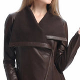 Women’s Asymmetrical Brown Leather Jacket with Wool Blend Overlay - Trendy Jacket