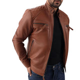 Men's Cognac Brown Real Lambskin Biker Leather Jacket with Quilted Shoulders