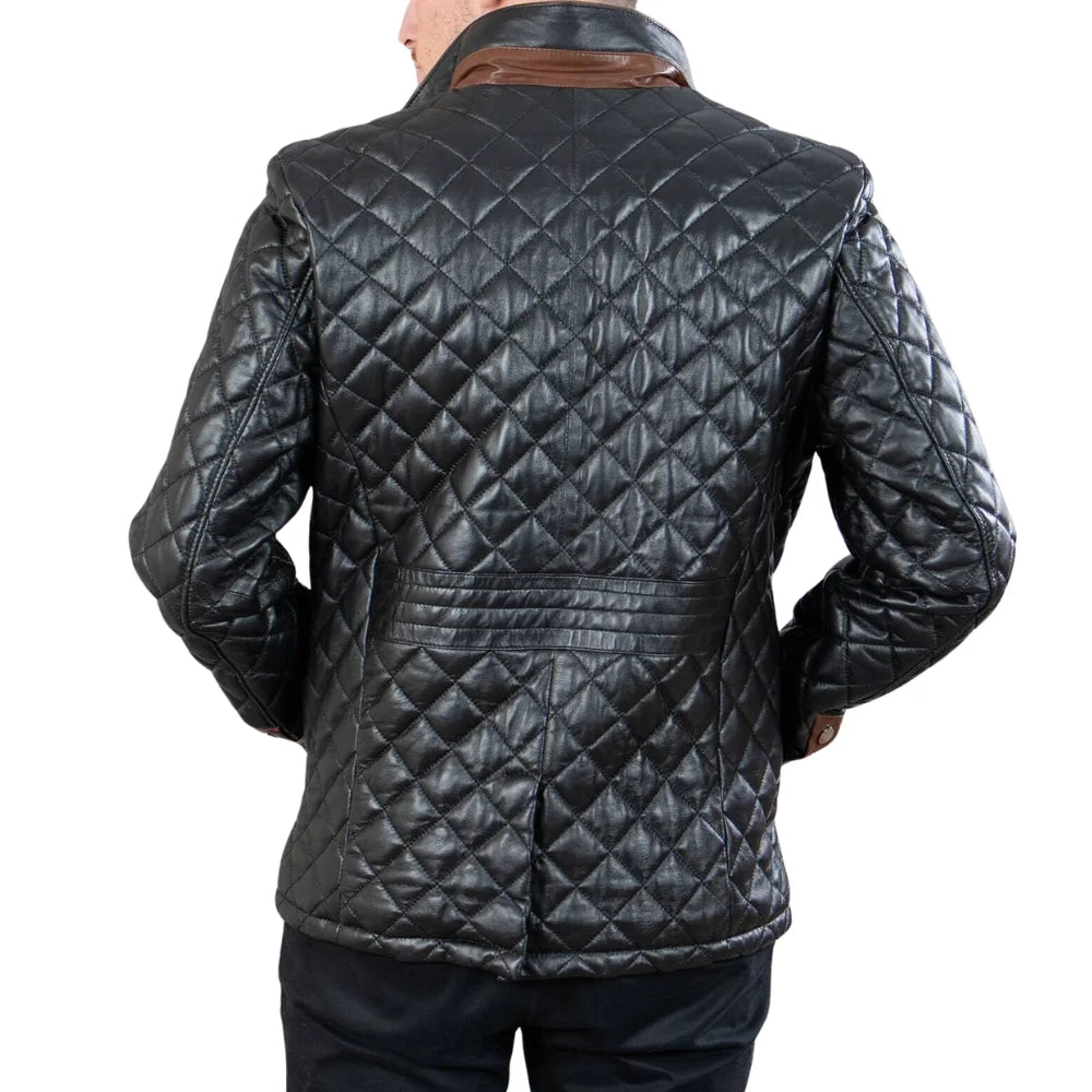 Mens Black Quilted Leather Car Coat