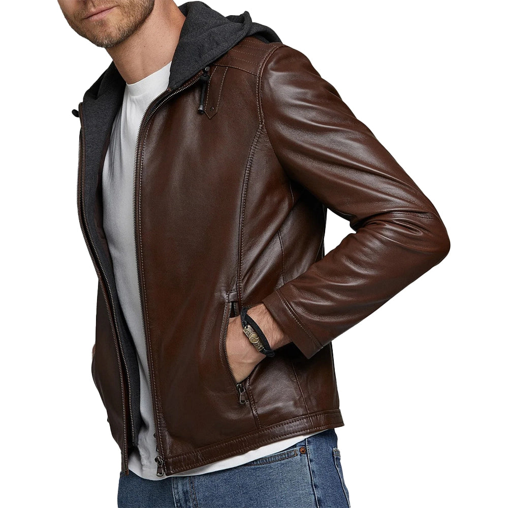 Men's Real Dark Brown Leather Jacket with Hood