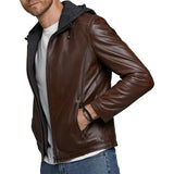 Men's Real Dark Brown Leather Jacket with Hood
