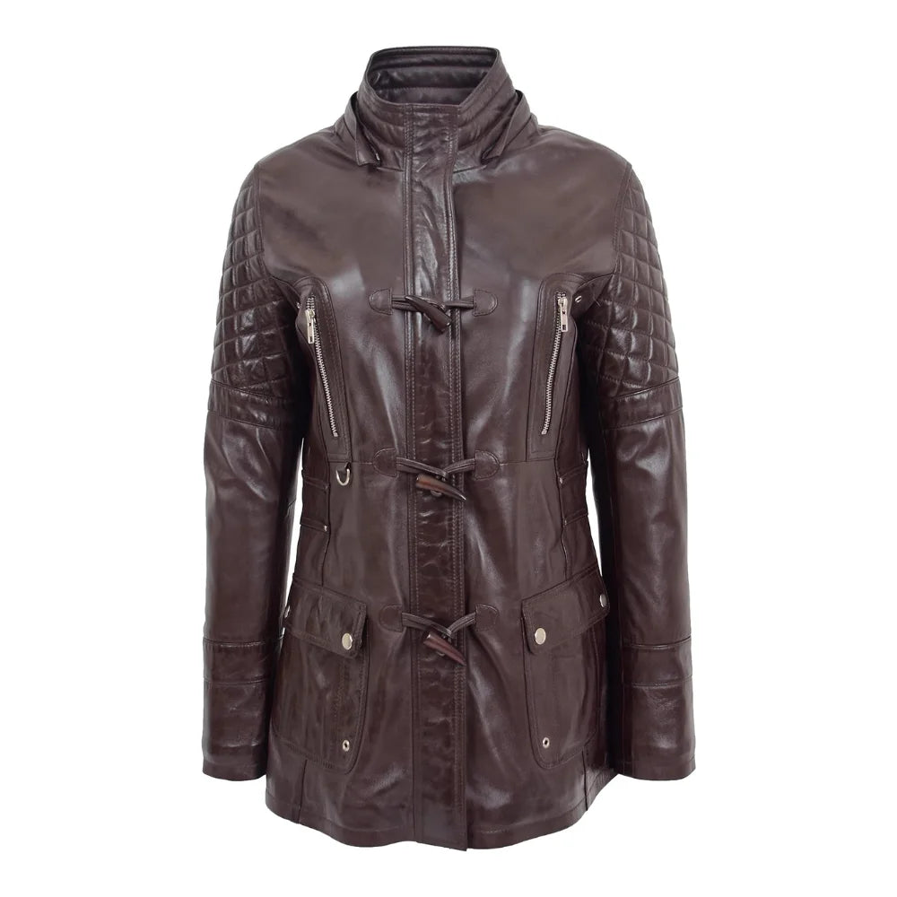 Women’s Ariel Brown Sheepskin Leather Duffle Coat with Removable Sherpa Hood