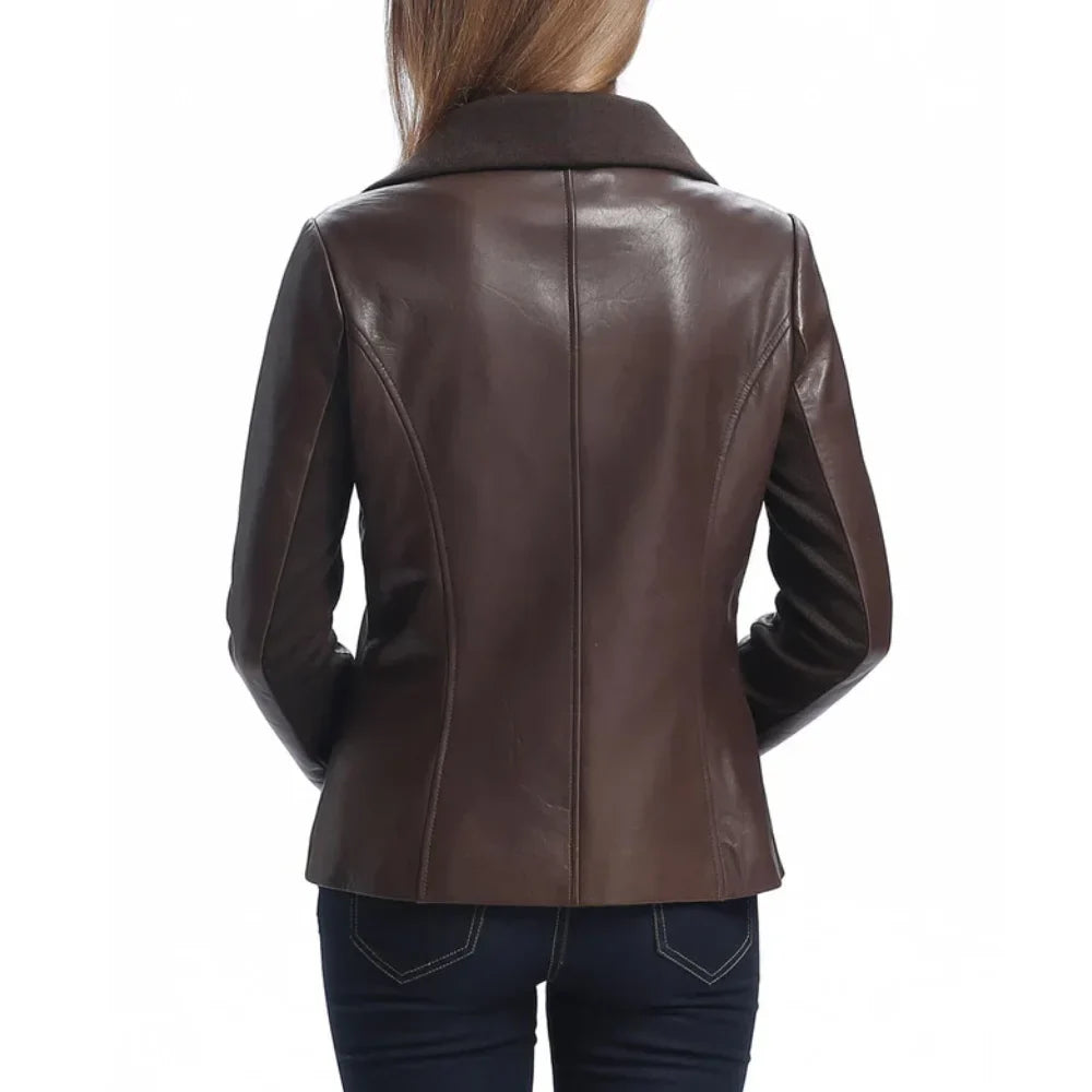 Women’s Asymmetrical Brown Leather Jacket with Wool Blend Overlay - Trendy Jacket