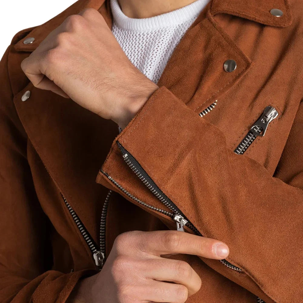 Men's Tobacco Brown Suede Leather Biker Jacket