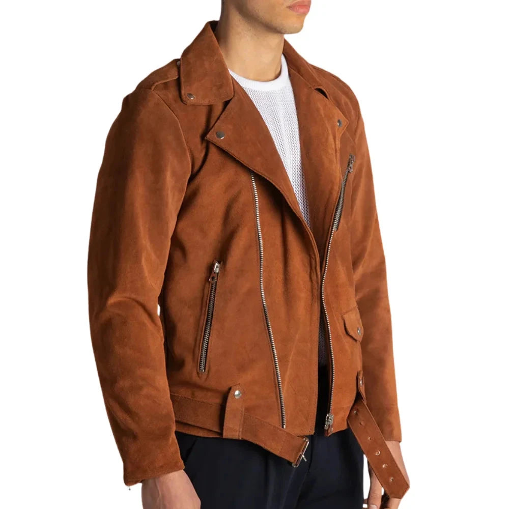 Men's Tobacco Brown Suede Leather Biker Jacket