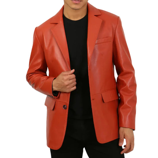 Men’s Notch Lapel Burnt Orange Leather Blazer Jacket