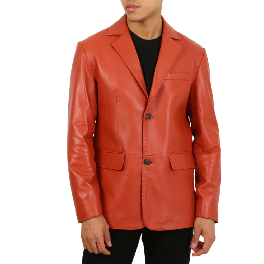 Men’s Notch Lapel Burnt Orange Leather Blazer Jacket