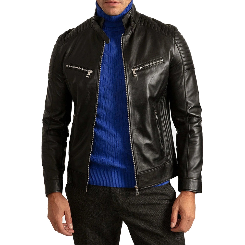 Mens Signature Black Leather Cafe Racer Motorcycle Jacket