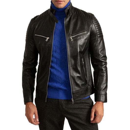 Mens Signature Black Leather Cafe Racer Motorcycle Jacket