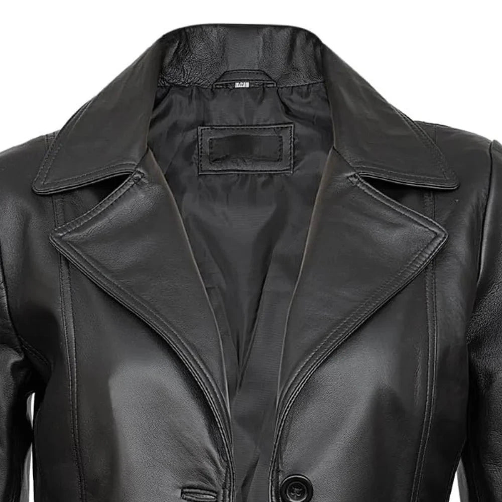 Close Up of Real Lambskin Notch Lapel Ladies Black Leather Blazer