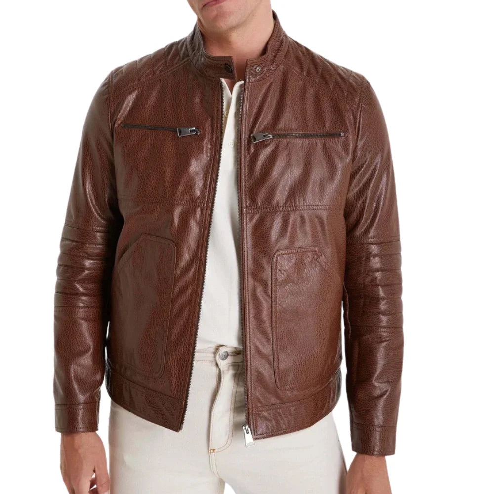Mens Waxed Brown Quilted Leather Biker Jacket with Removable Vest