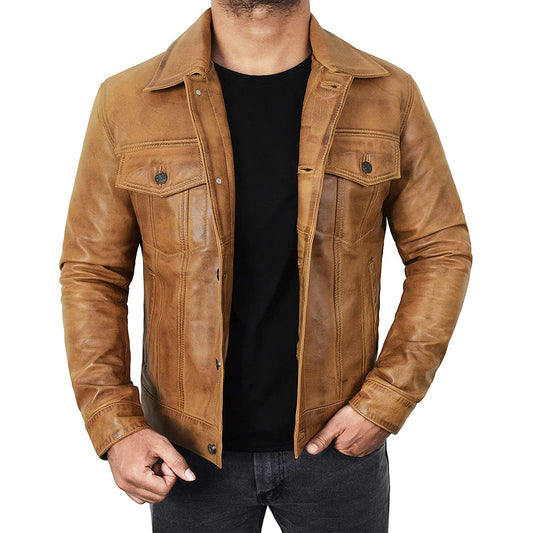 Men's Camel Brown Trucker  Leather Jacket