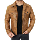 Men's Camel Brown Trucker  Leather Jacket